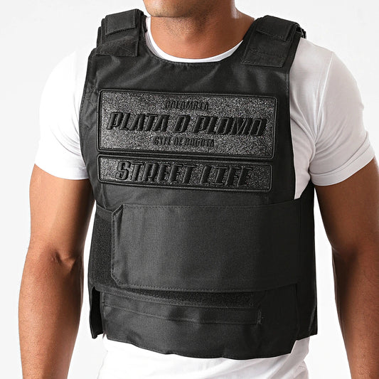 Gilet Streetwear “Plata o Plomo” – Full Black – Urbain & Ajustable